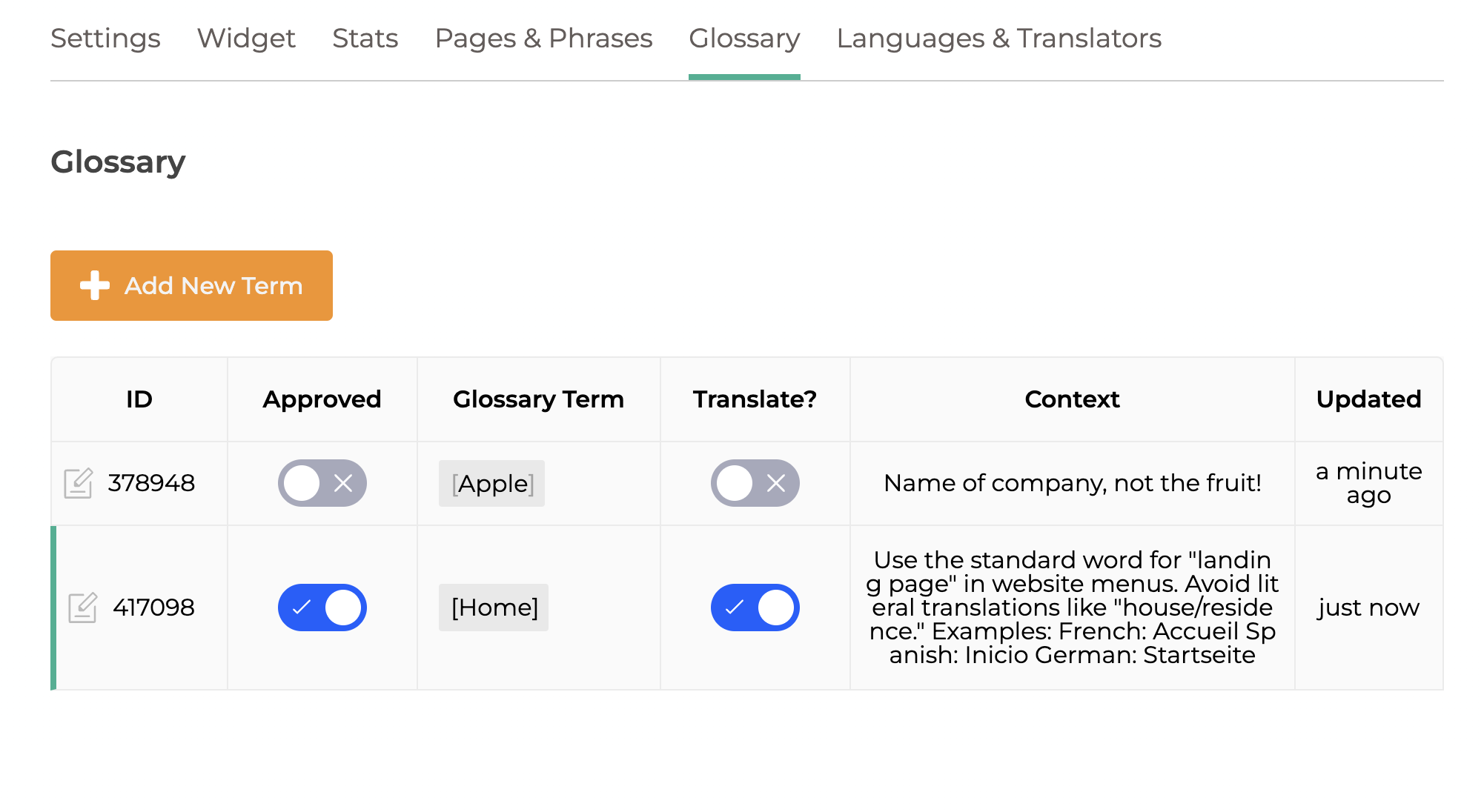 Screenshot of glossary input on SiteTran's platform